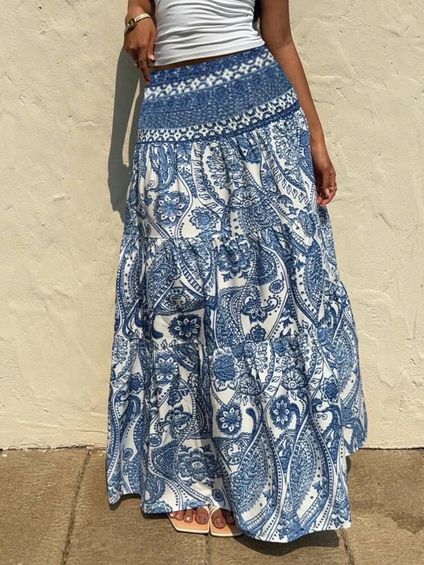 Women's Printed Tiered Maxi Skirt - Floral Boho Long Skirt